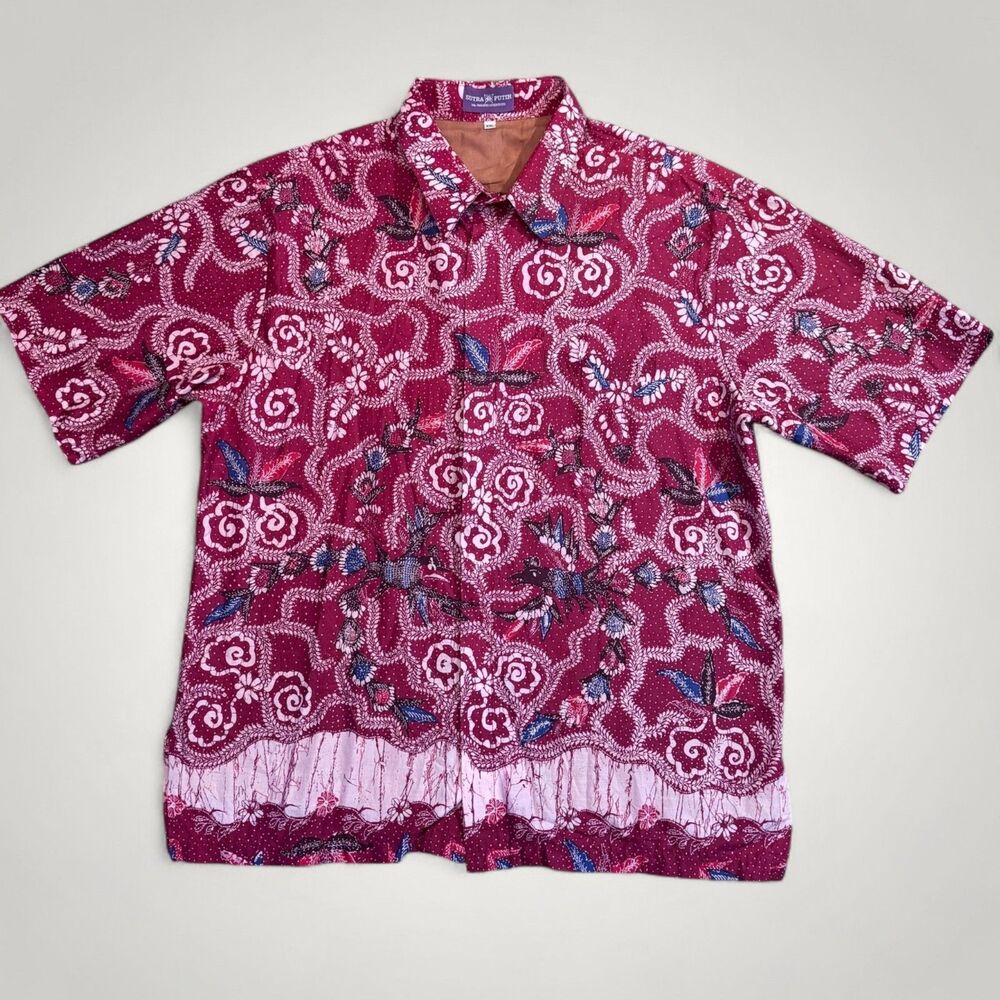 Sutra Putih Batik Shirt XXL Mens Red Pink Silk Geometric Bird Floral Holiday VTG